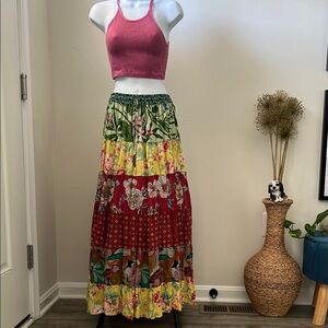 Sacred Threads Green and Yellow Tiered Maxi Skirt Casual Resort Wear
